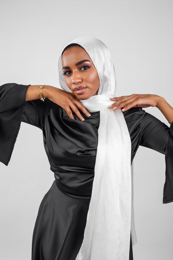 Crinkle Silk Satin Hijab-White