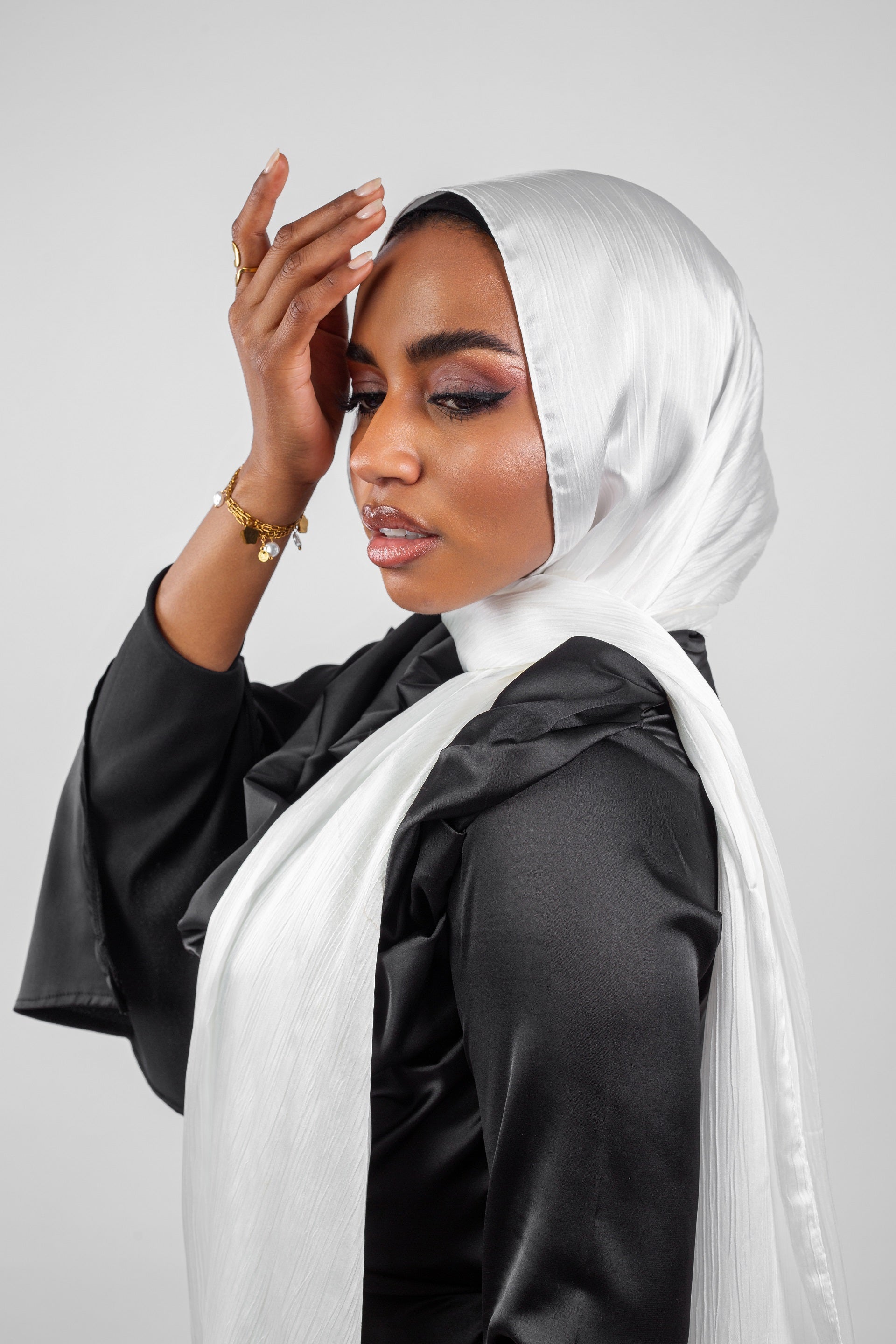 Crinkle Silk Satin Hijab-White