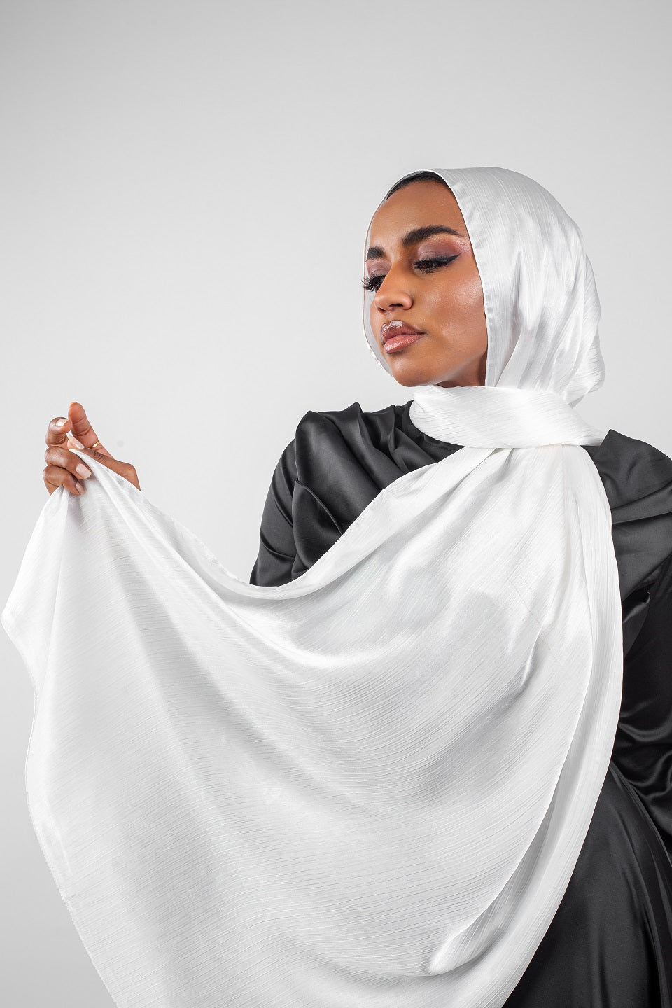 Crinkle Silk Satin Hijab-White