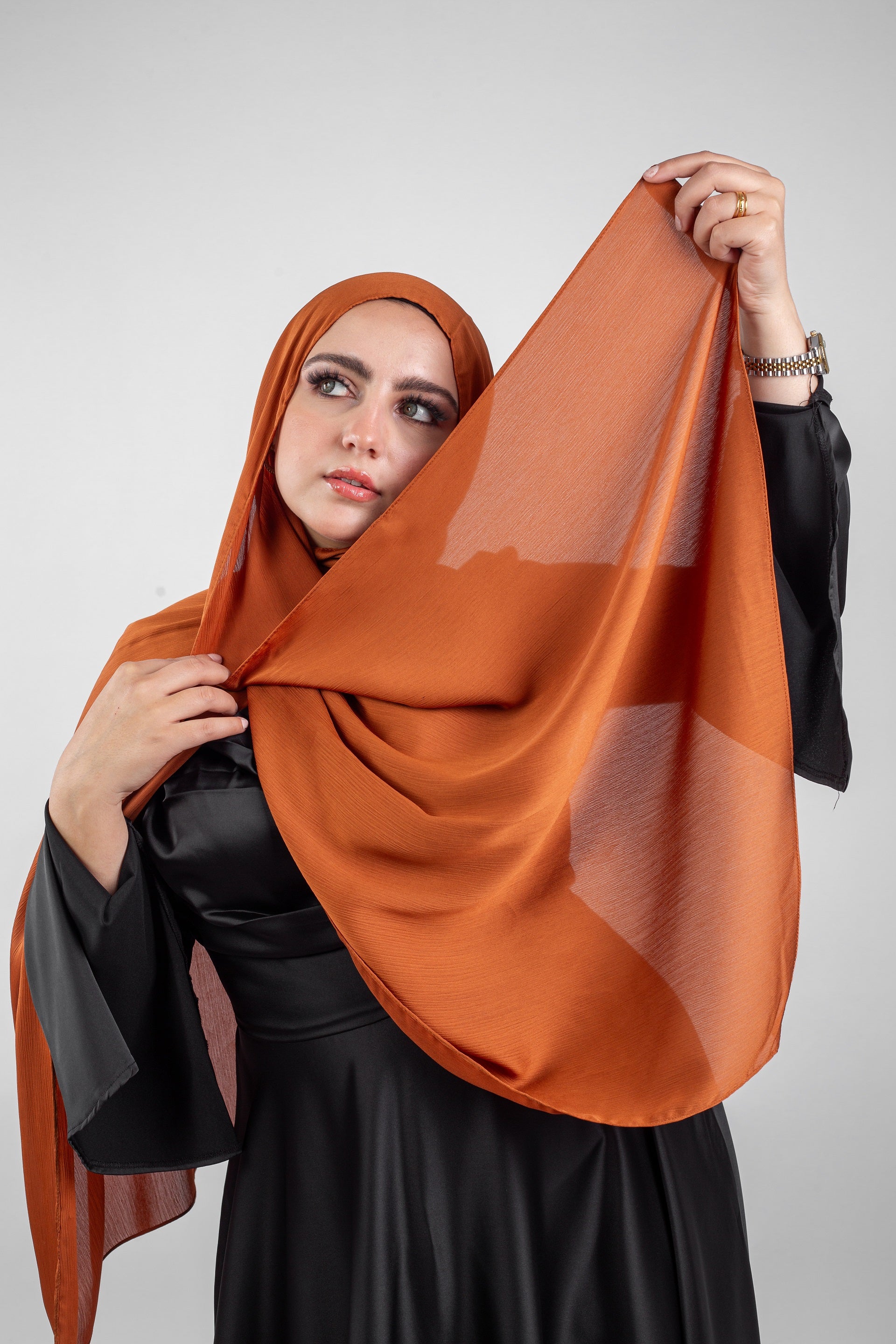 Crinkle Silk Satin Hijab-Ginger Brown